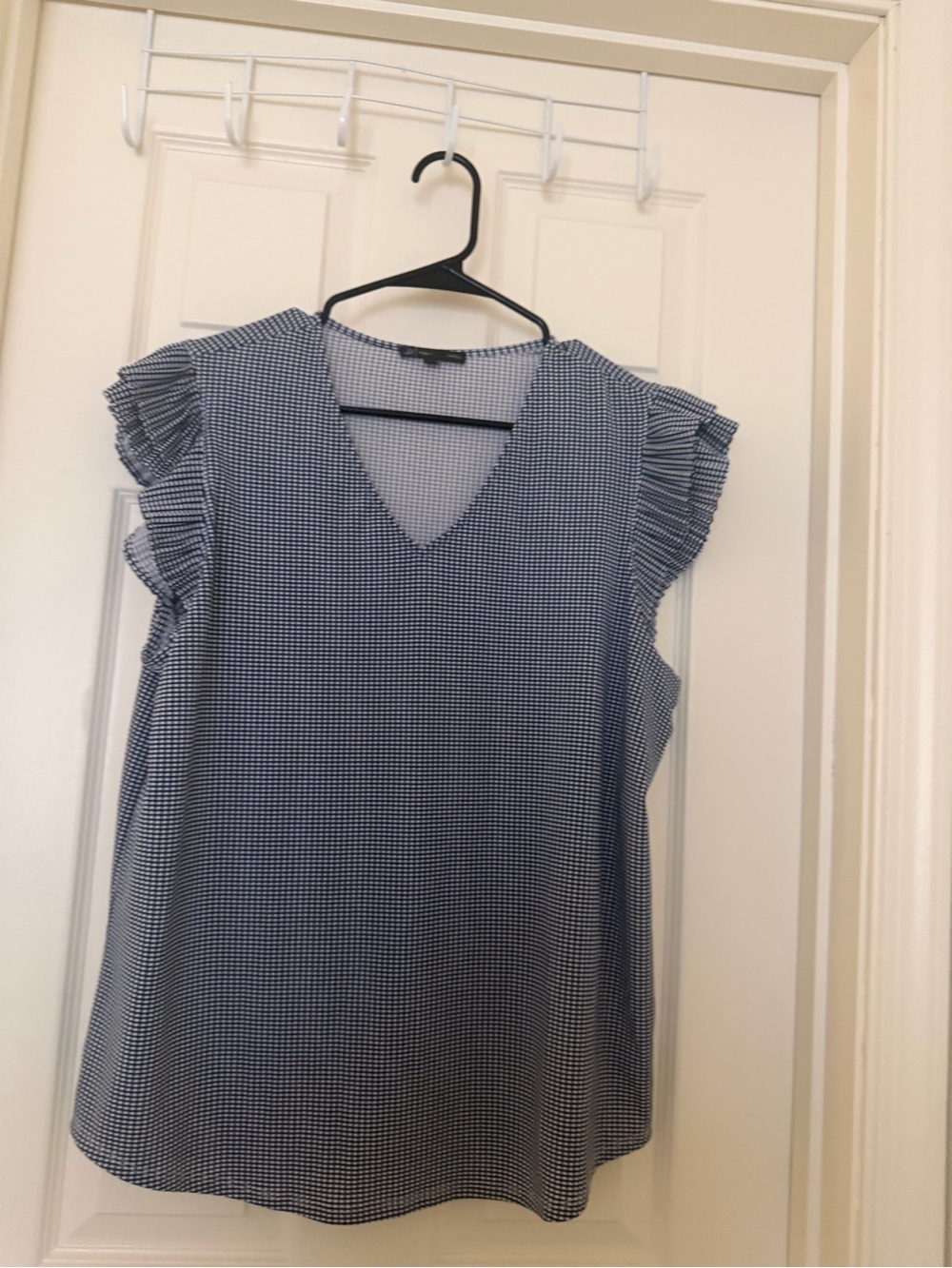 Sleeveless V-Neck Gingham Blouse with Ruffle Sleeves